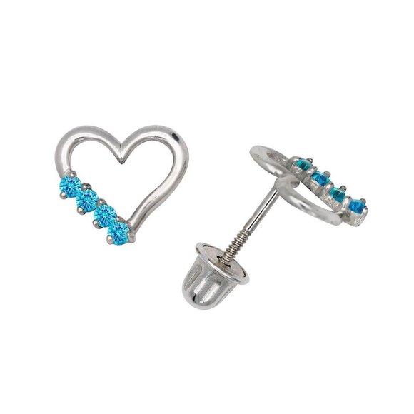 14K Solid White Gold Open Heart Love Screw Back Earrings Set With Birthstones - Picture 7 of 7